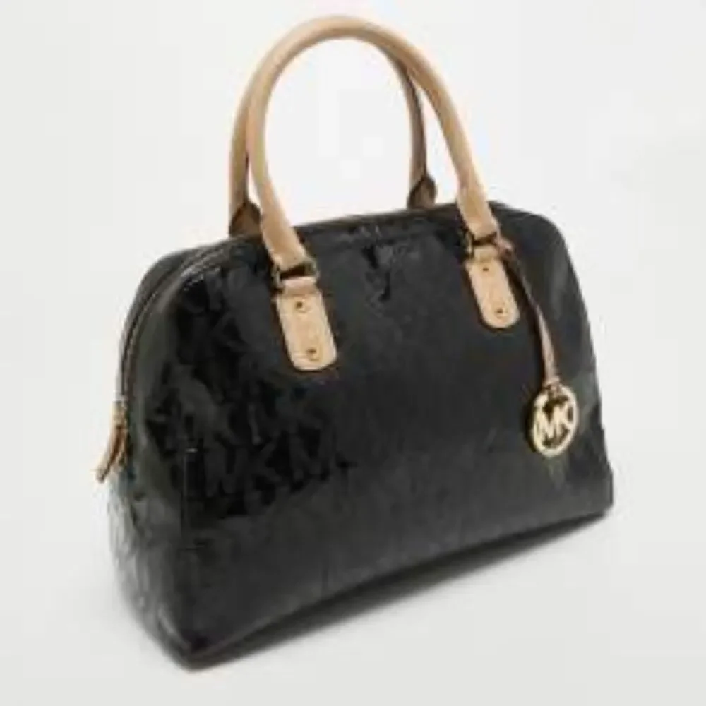 MICHAEL Michael Kors Black Signature Patent Leather Satchel with Gold MK Charm